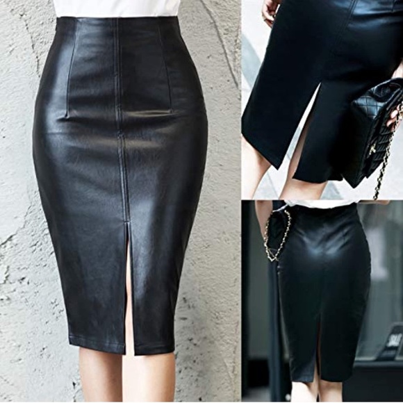 Faux Leather Pencil Skirt High Waist Split  Midi Hip Skirt - Picture 5 of 7